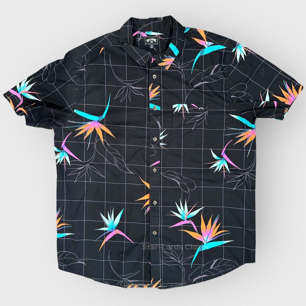 Billabong Mens XL Hawaiian Shirt Black Floral Plaid Button Up Button Down Surf